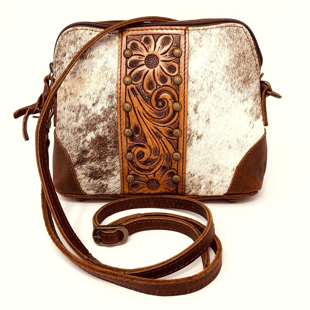 American Darling Western Hair On Hide Cowhide Hand Tooled Leather Crossbody Bag